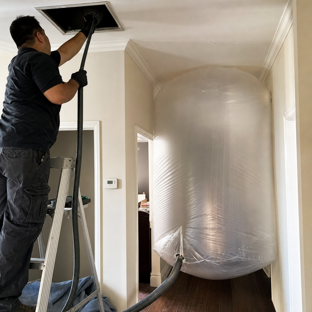 Air duct cleaning professional vacuuming ceiling vent with large debris collection bag
