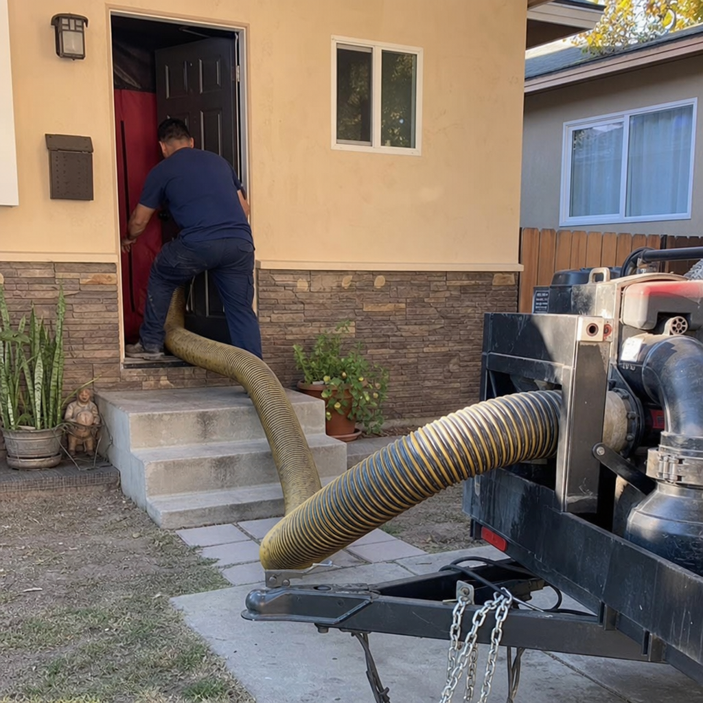 Technician cleans air ducts with a hose connected to a trailer.