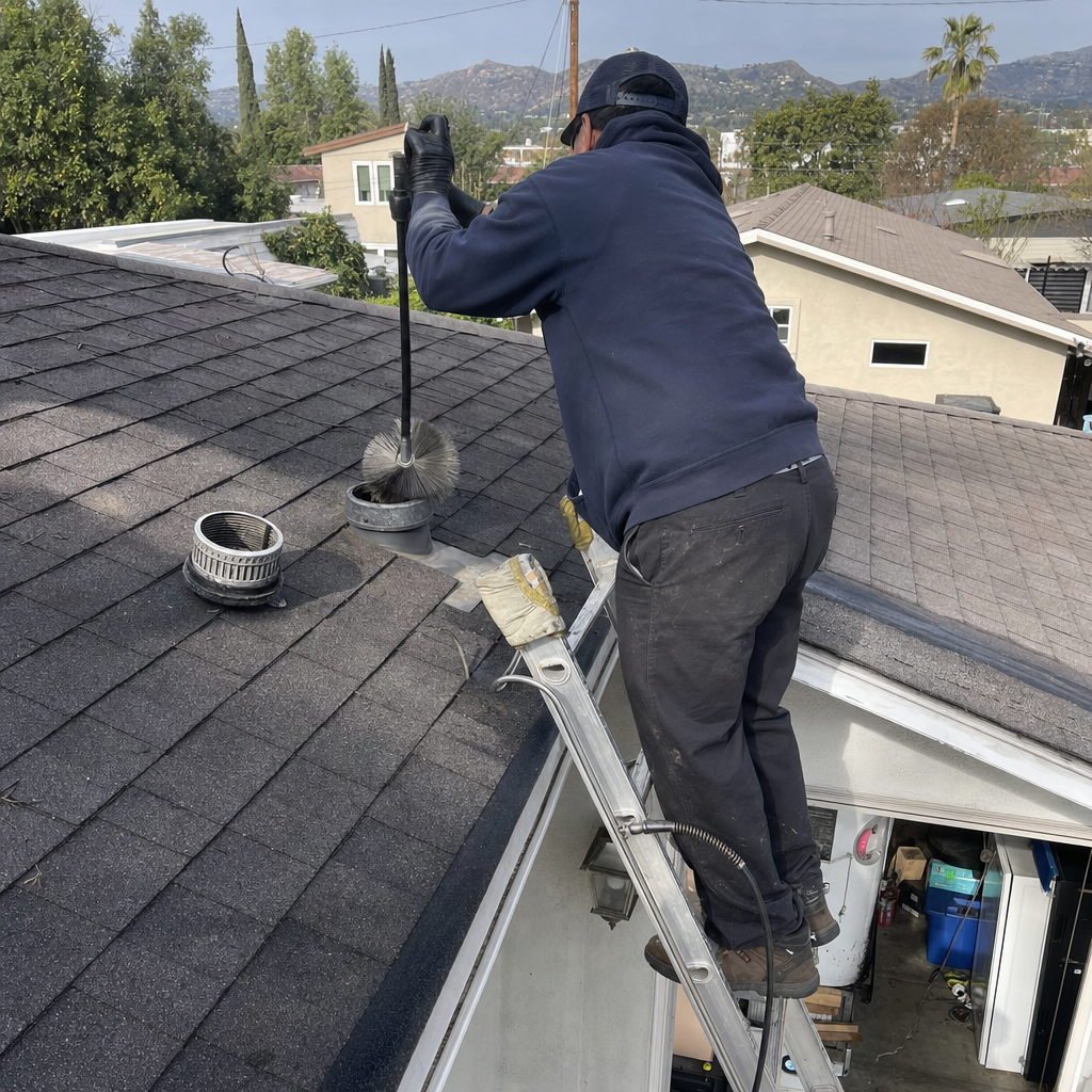 Dryer vent cleaning professional on a rooftop ladder