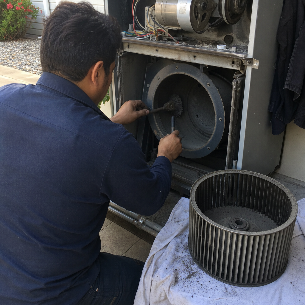 Technician cleaning HVAC blower wheel housing with a brush