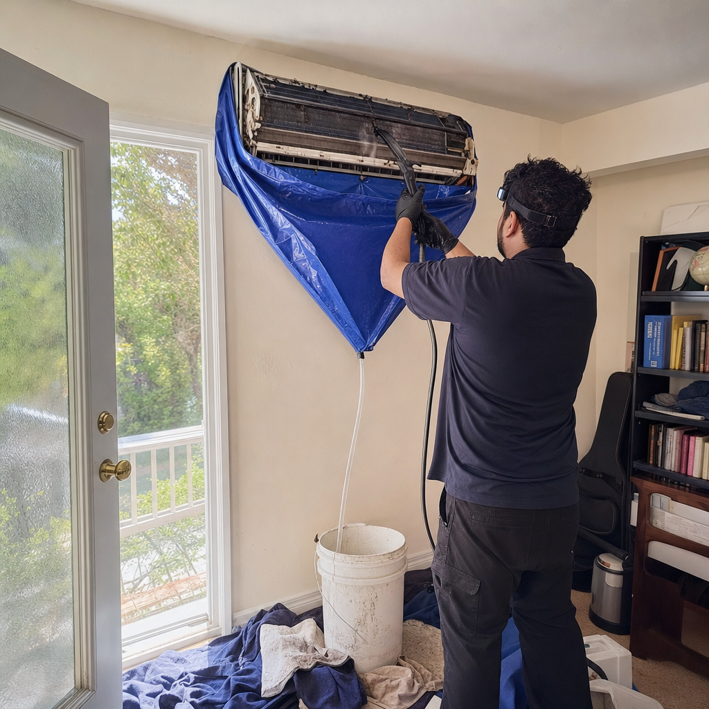 Professional HVAC unit cleaning with spray and collection bucket.