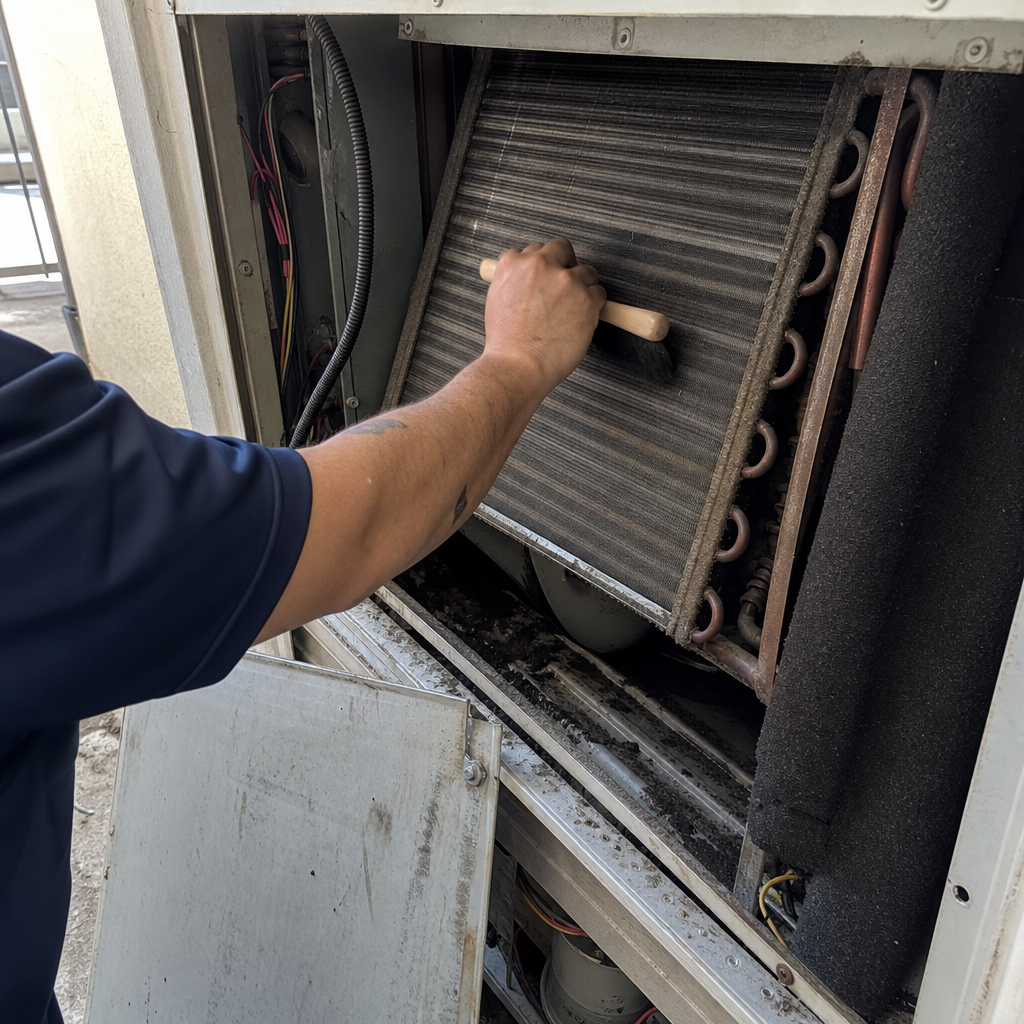 HVAC cleaning technician brushes evaporator coil fins