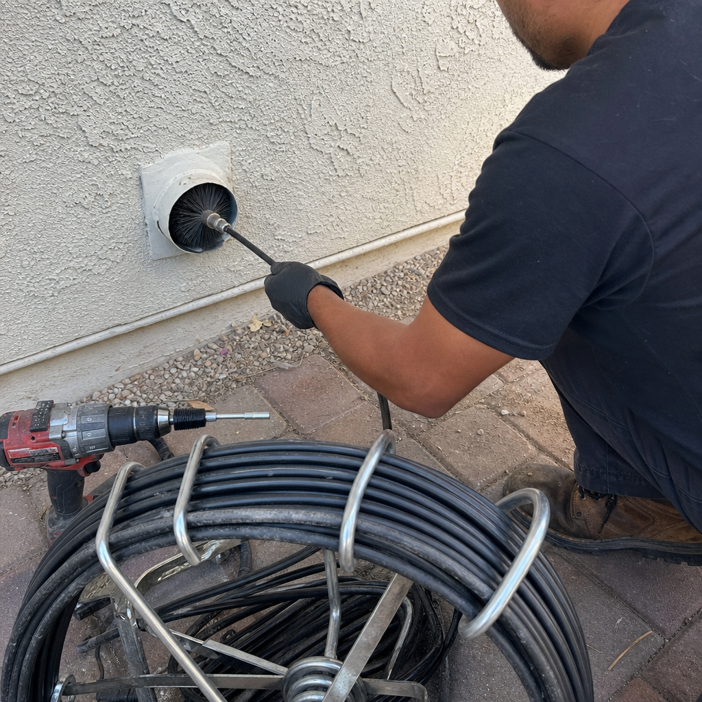 Dryer vent cleaning service with professional technician using brush tool in Florence-Graham, CA