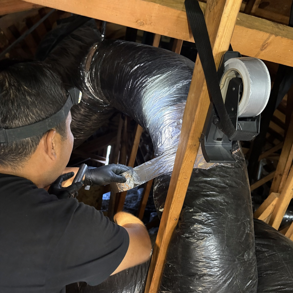 Air duct repair and sealing technician working in attic in Florence-Graham, CA